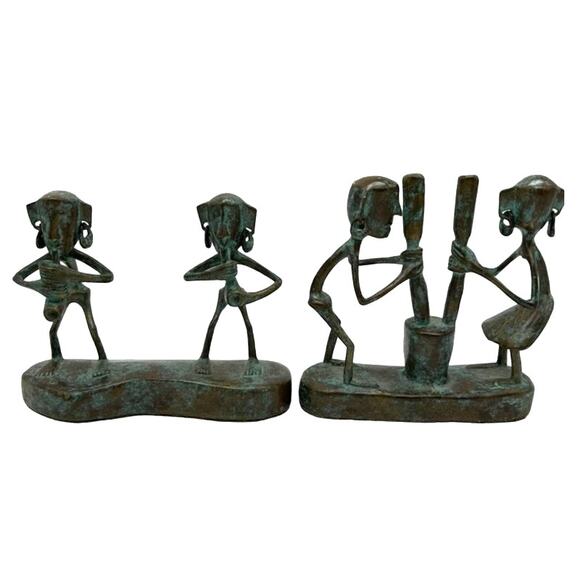 Maitland-Smith Bronze Verdigris Tribal Musicians Well Workers Sculpture Pair - Picture 1 of 12
